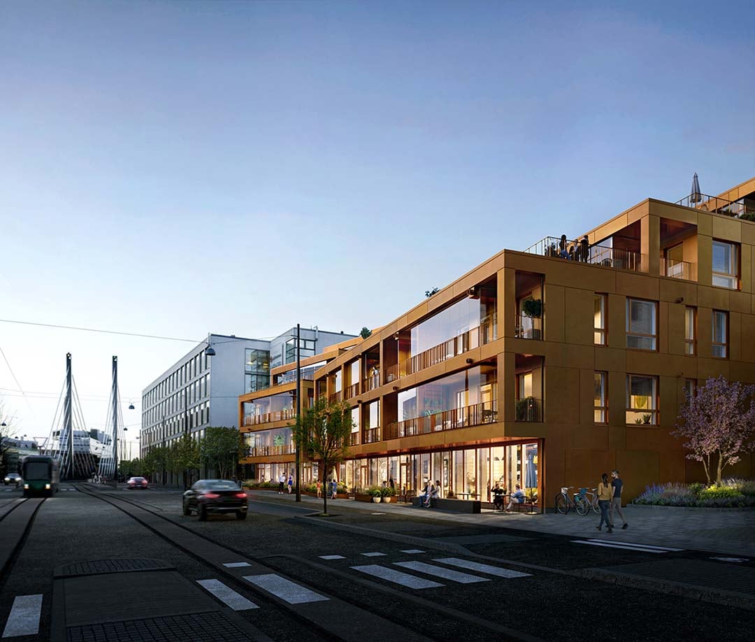 Ambra, evening view from street. Image: Skanska