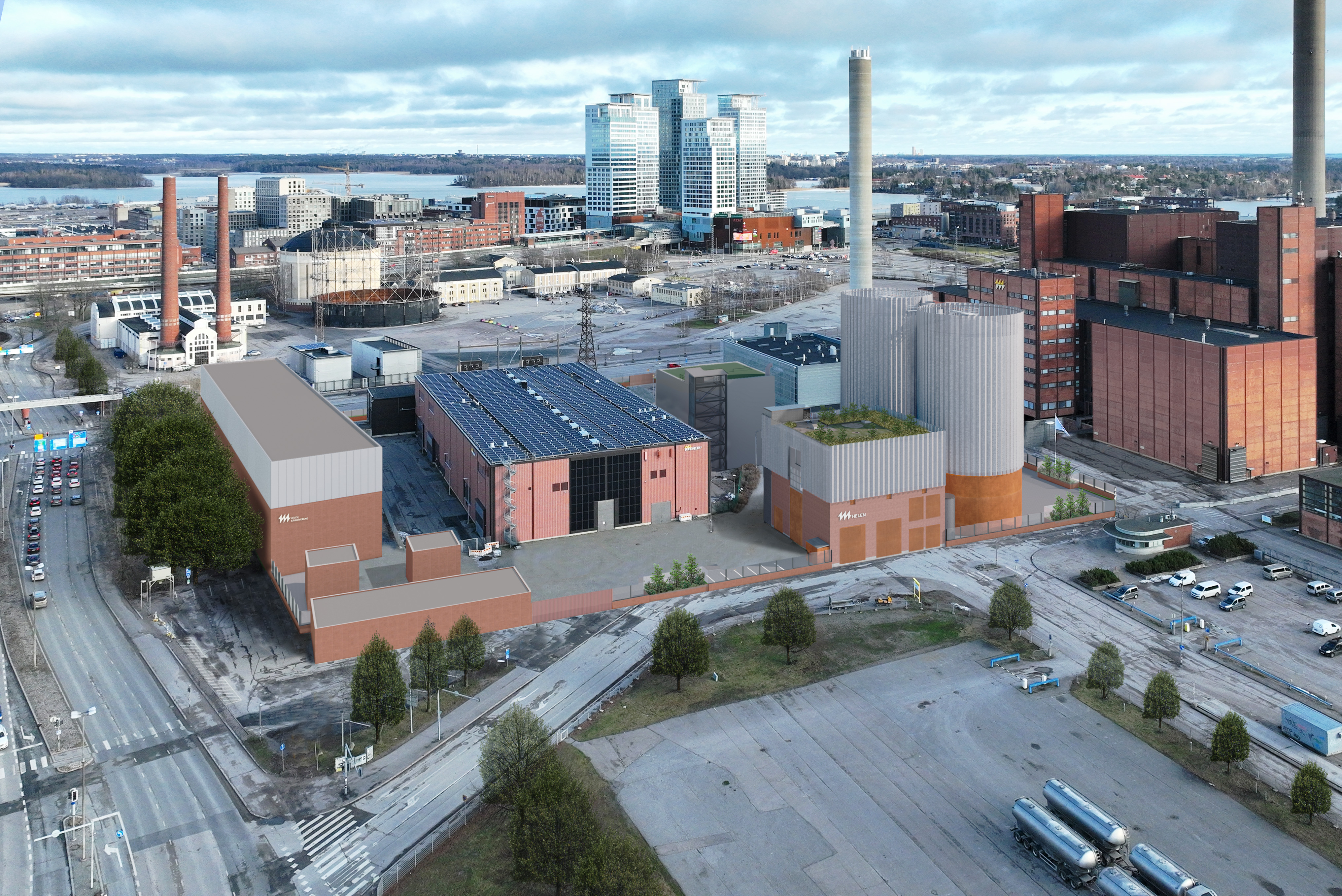 Helen's electric boiler plant in Hanasaari, Illustrative image from the southwest direction.  ONE Architects